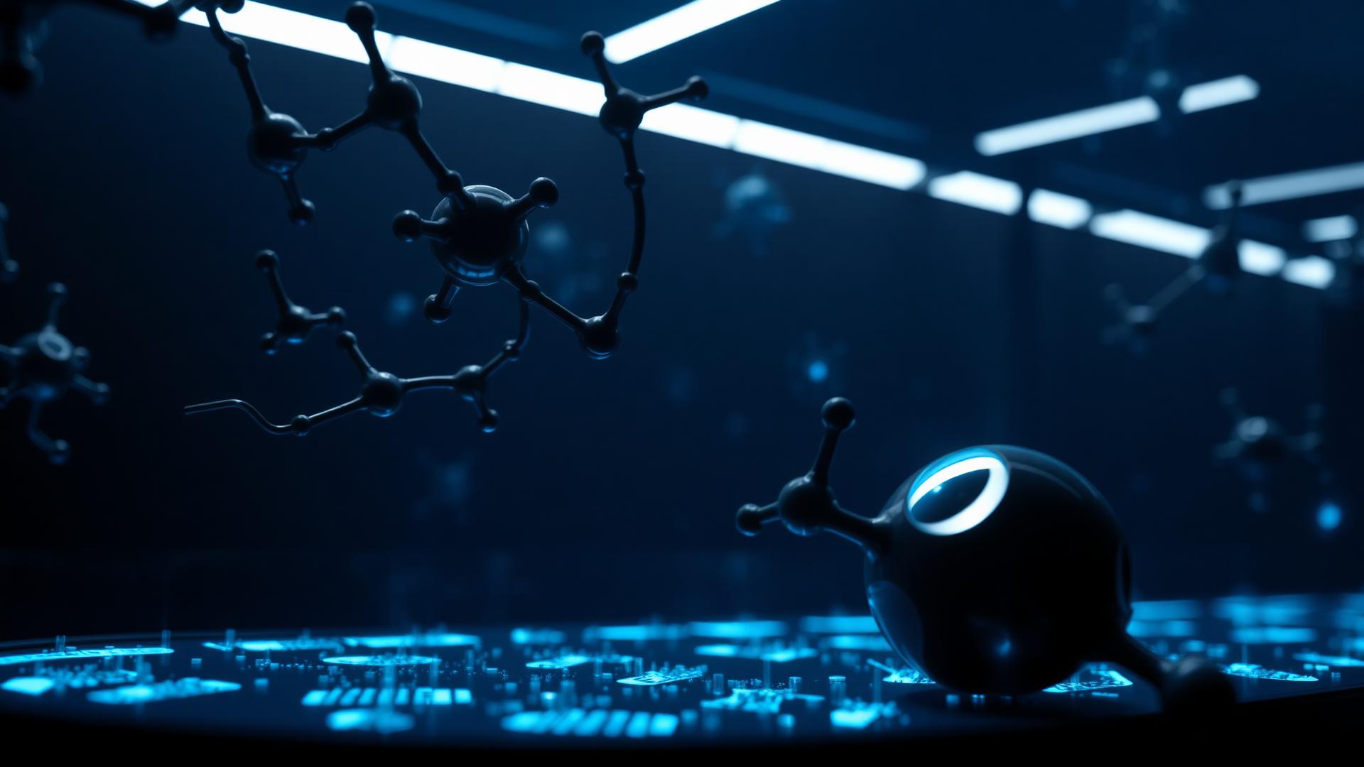 Molecular structures rendered in a dark laboratory