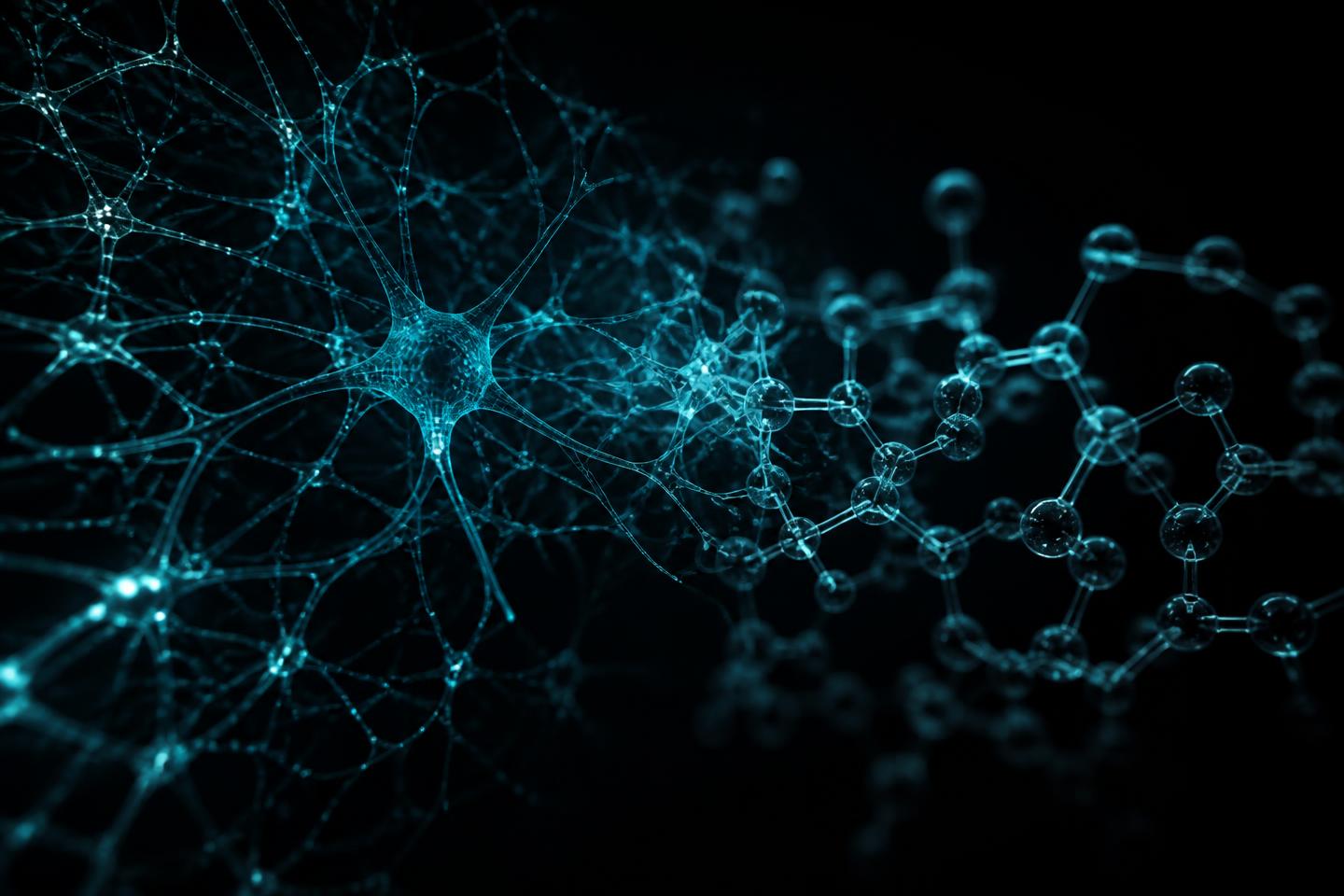 Teal wireframe biological network merging into a molecular structure