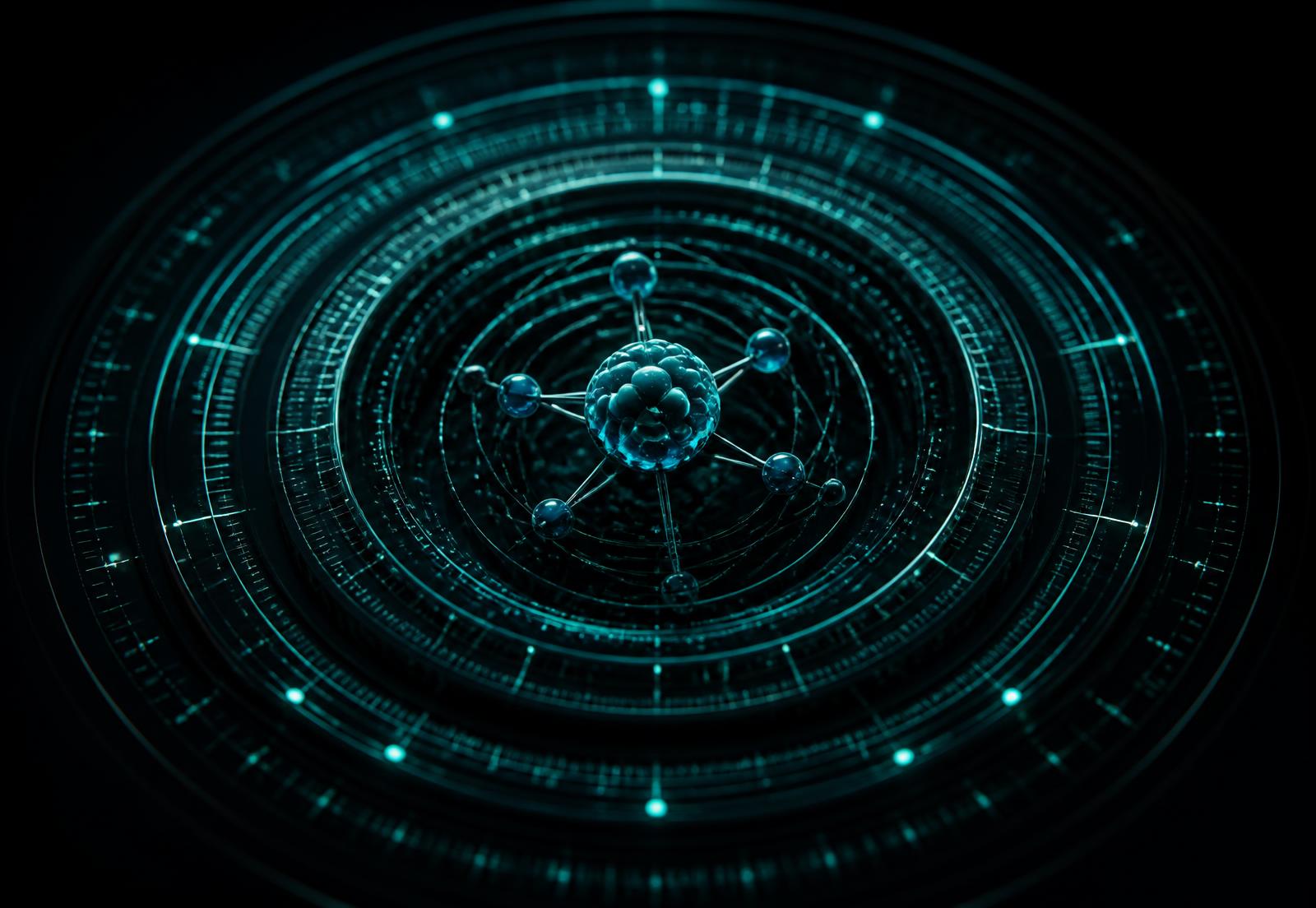 Concentric luminous calibration dial around a molecular core