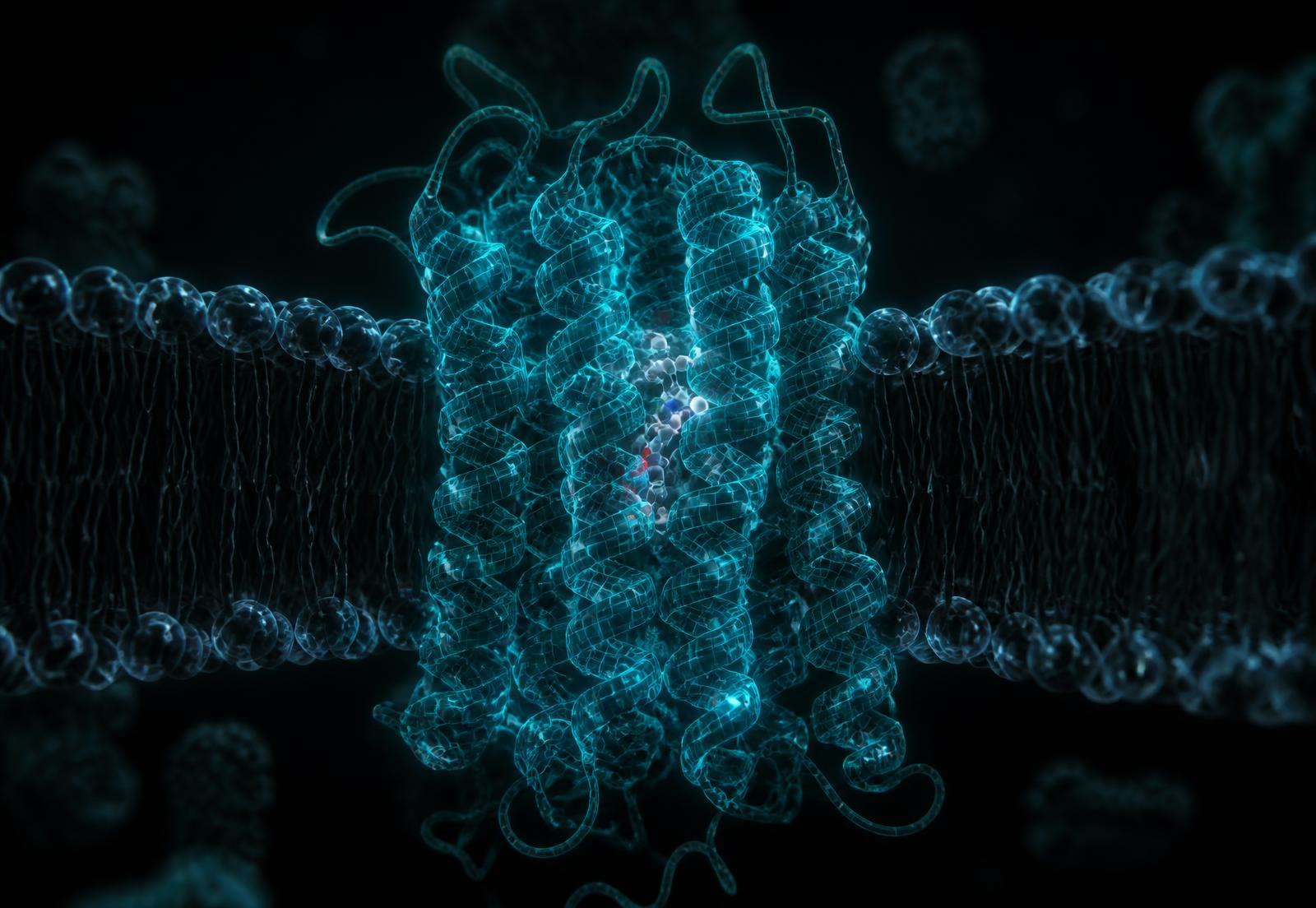 Glowing cyan transporter protein in a membrane with a ligand docked in its binding site